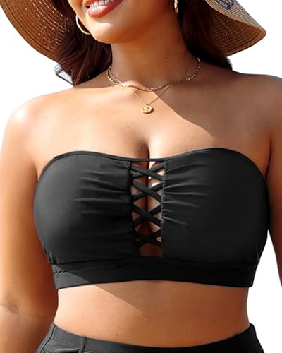 Plus Size Bikini Swimsuit Top - Women Bandeau Swim Top Lace Up Bathing Suit Bra for Large Bust Swimwear Black XL