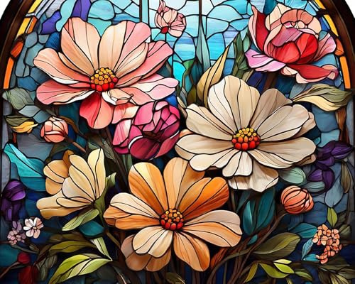 TISHIRON DIY Oil Painting Colorful Flowers in Stained Glass Style Paint by Numbers Kits for Adult and Kids,Floral for Spring and Summer for Home Wall Decor 16 x 20 Inch (Without Frame)
