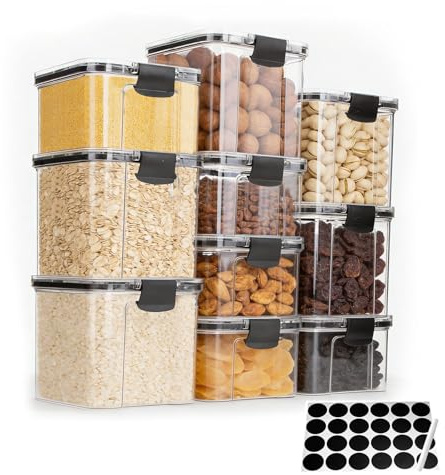 XINGYATU 10 stycken lufttäta livsmedelsbehållare med lock, transparenta fyrkantiga kryddburkar, stapelbara behållare för kryddor, salt, socker, frön, nötter – 700 ml & 460 ml
