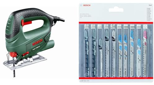 Bosch Jigsaw PST 700 E (500 W, 1x Saw Blade, in Carrying Case) + 10-Piece Set Jigsaw Blades (for Wood & Metal, T-Shank Mounting)