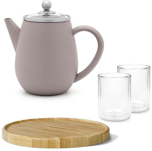 Doppelwandige Mini Teekanne 0.5 Liter beton-grau - matte Edelstahlkanne Set mit braunem Holz-Untersetzer & 2 isolierende Teegläser je 290 ml