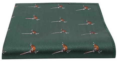 King & Priory Dark Green Herringbone Embroidered Pheasant Pocket Square, Handkerchief
