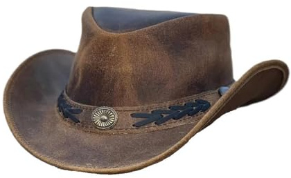 Troy Hat for Kids - 100% Real Split Leather Cowboy Hat in Distressed Light Brown, Adjustable Chin Strap, Australian Western Style for Young Explorers (UK, Alpha, S, Tan Brown)