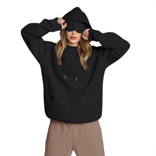 AMhomely Women's Hoodies with Eye Mask Oversized Pullover Sweatshirt Long Sleeve Plain Hooded Jumper with Pocket Casual Loose Fit Tops