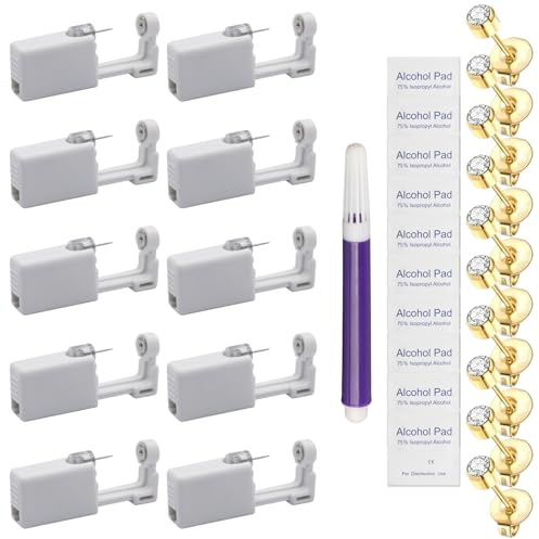 Cokoozoo Disposable Ear Piercing Kit 10 Pcs with Stainless Steel Gun, Gold Plated Studs, Ear Piercing Gun, Alcohol Cotton & Marker Pen - Safe, Easy DIY Ear Piercing for Women & Men at Home