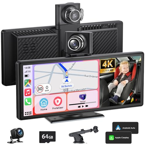 9,26 Zoll Apple Carplay Display & Android Auto Display mit Drehbare 4K Dashcam/Rückfahrkamera 1080P HD/Bluetooth/FM/AUX/64G TF/Mirror Link/Sprachsteuerung/Siri/G00gle Assistant/GPS Navigation für Auto