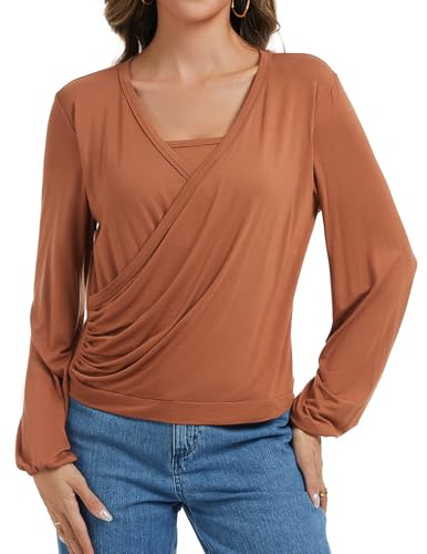 Sosolism Chemise d’Allaitement Col V Manches Lanternes Haut d’Allaitement,Marron,L