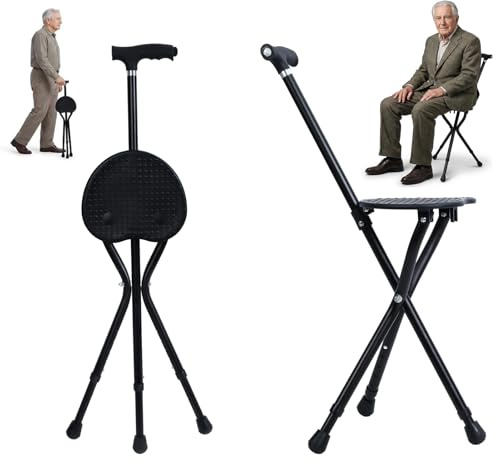 Walking Stick with Light & Seat- Adjustable Folding Walking Sticks for Women and Men - Lightweight Portable Collapsible Balancing Walking Aid - Travel Walking Cane for Ladies Elderly Adults