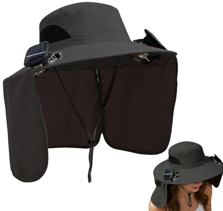 Cappello a ventaglio solare, a tesa larga, con 2 ventole solari integrate, traspirante, per uomini e donne, accessorio estivo pieghevole per giardinaggio, pesca e vacanze al mare, Nero