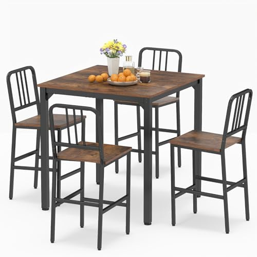 COSTWAY Counter Height Dining Table Set for 4, 5-Piece Kitchen Bar Table and Chairs Set, Metal Frame Dining Table Set Furniture for Home Dining Living Room (Rustic Brown + Black)
