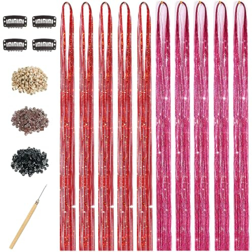 Hair Tinsel Kit for Girls, 10 Pcs 4200 Strands Fairy Tinsel Hair Extensions Holographic Hair Tinsel Heat Resistant Colored Hair Glitter Christmas Party Festival (Red+Rose Red)