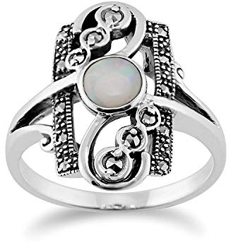 Gemondo 925 Plata de Ley 0.28ct Ópalo Cabujón & 0.15ct Marcasita Clásico Estilo Art Nouveau Anillo