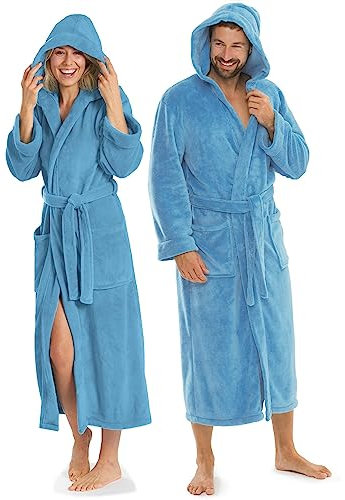 aqua-textil XS-XXXL Bademantel Kapuze Uni lang aufgesetzte Taschen Damen Herren Unisex Mikrofaser Kuschelfleece Morgenmantel, Sauna, Spa, Pool, Bad, flauschig und komfortabel - OEKO-TEX Malibu