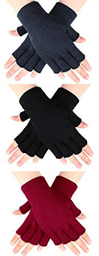 SATINIOR 3 Paar Halb Fingerhandschuhe Winter Fingerlose Handschuhe Strickhandschuhe für Männer Frauen (Schwarz, Dunkelgrau und Rot)