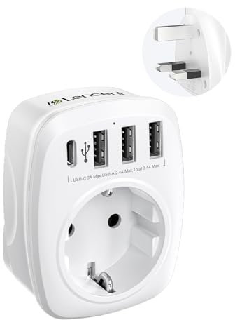 LENCENT Adapter England Deutschland Stecker, EU auf UK, Reiseadapter Netzadapter Typ-G Reisestecker für Großbritannien Irland Wand Steckdosen, Mit 3 USB/1 Typ C/AC Steckdosenadapter