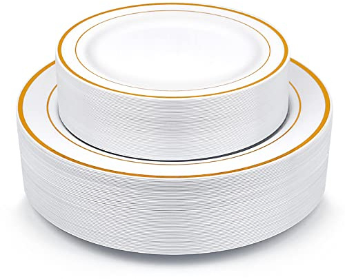 Gold Plastic Plates, MCIRCO 100 Pieces Disposable Party Plates for Weddings, Premium Gold Rim Plates, Include 50 10.25 Inch Dinner Plates and 50 7.5 Inch Dessert Appetizer Plates