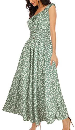 OSTOO Vestido Largo de Verano para Mujer, Estilo Bohemio, con Estampado Floral, Escalonado, Casual, con Vuelo, Pequeñas Flores Verdes, Large