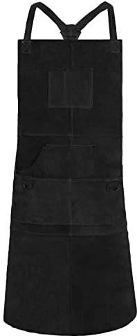 QeeLink Tablier de Soudeur en Cuir avec 6 Poches, Tablier de Travail Résistant à la Chaleur et aux Flammes, 61 x 106cm, Réglable M à XXXL, Noir