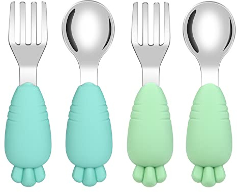 Vicloon Toddler Fork and Spoon, 4 Pcs Stainless Steel Baby Utensils Cutlery Set, Toddler Utensils Spoons Forks Self Feeding Learning Spoons, Children Flatware Weaning and Learning to Use