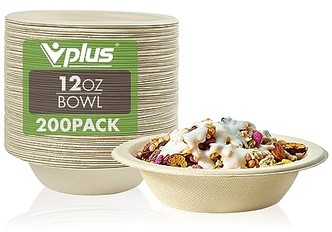 Vplus 200 Pack 12 OZ Paper Bowls, Disposable Compostable Bulk, Eco-friendly Bagasse, Heavy-duty Bowls Perfect for Milk Cereals, Snacks, Salads