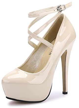 Womens High Heel Ankle Strap Platform Pump Wedding Evening Party Court Shoes PU Beige Tag 43-UK 7.5