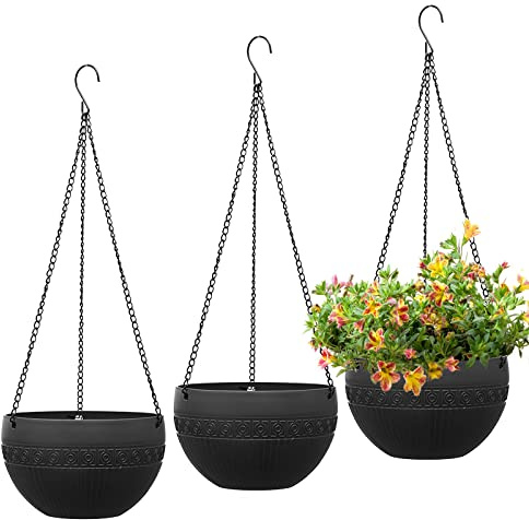 Moollyfox 3 pezzi Fioriera esterna, Ø 21 cm, auto-irrigazione, vaso da fiori sospeso, fioriere in plastica per esterni, fioriere sospese con catene inossidabili, fioriere sospese per interni ed