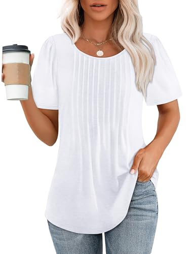 White T Shirts for Women Summer Short Sleeve Spring Tops for Teachers Pleated Oversized Shirts Beach Vacation Clothes for Women Fashion Clothing M
