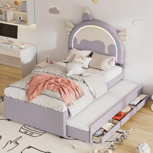 FEZTOY Kinderbett 90x200 Polsterbett mit LED, Einzelbett mit Ausziehbarem Bett, Schlafsofa mit Lattenrost, Cartoon Kopfteil, Bett für Jungen und Mädchen, PU, Ohne Matratze