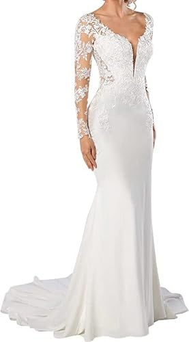 Abiti da Sposa Ufficio Registro Civile Abiti da Sposa Sirena Lungo Pizzo Abito da Sposa con Treno, TAIGUHUI, Bianco, 40