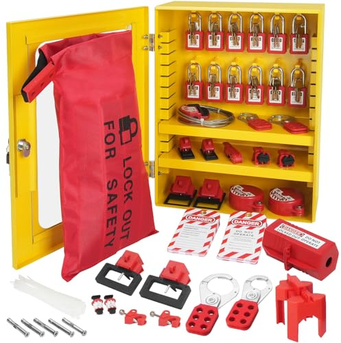 VEVOR Kit di blocco elettrico per tagout, 59 pezzi, stazione di blocco di sicurezza con lucchetti, cerniere, etichette, cravatte, blocco spina, blocco interruttore, blocco valvole, blocco cavo, borsa