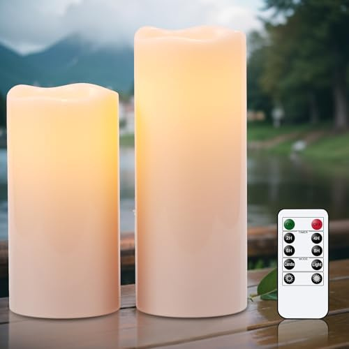 Eldnacele 8 10 × 4 Large Waterproof Outdoor Flameless Candles Remote and Timer, Battery Operated White Plastic LED Flickering Pillar Candles 2 Pack Dinner Wedding Porch Garden Lanterns Home Decor