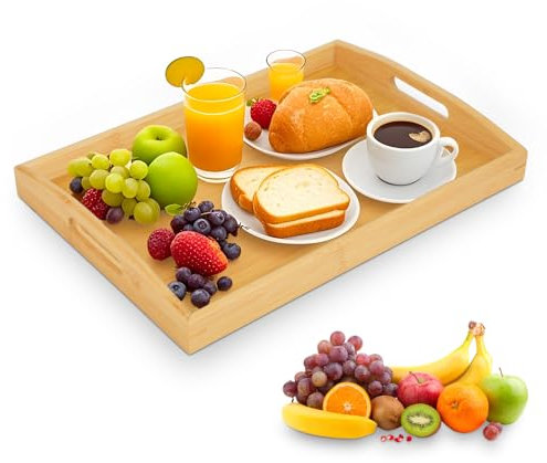 Bandeja de Madera para Servir Comida, Bandeja Madera Rectangular con Asas, Bandeja de Bambú Grande, Bandejas para Servir Comida en Cocina, Salón o como Decoración (Natural)