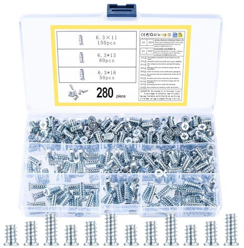 260 Pcs Tornillo Union Muebles, Tornillo Euro para Mueble, Tornillos Europeos de Cabeza Avellanados Plana, Tornillos para Armario Alacena Gabinetes Bisagras Cocina, 6,3 x 11/13/16 mm