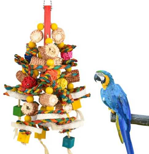 FOCCTS Bird Toys Parrot Toys for Large Birds Natural Corn cob and Loofah Slices Birds chew Toys Parrot Chew Toy Hanging Block Strong Chewing Toy for African Grey, Macaws, Cockatoos Parrot