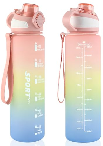 FEMONGY Trinkflasche 1L, Trinkflasche kohlensäure geeignet, Mit Filter und Griff, Versiegelt und auslaufsicher, Geeignet für Fitnessstudio, Radfahren, Outdoor, Schule, Farbverlauf Rosa