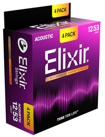 Elixir® Strings 80/20 Brons Akustiska Gitarrsträngar med NANOWEB® Teknologi, Light (.012-.053) - Amazon Exclusive 4 Pack