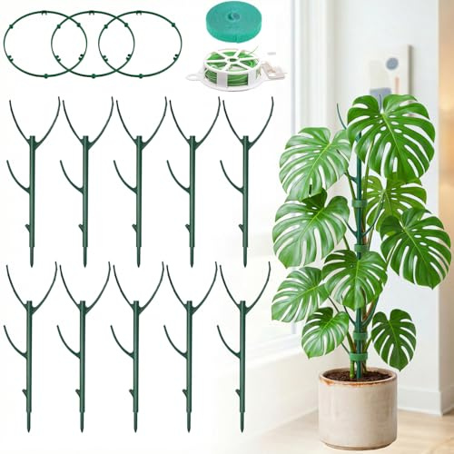10-Pack Monstera Plant Support Stakes - Stackable Sticks for Indoor Plants up to 25 - Outdoor Garden Poles & Trellis with Tape & Twist Tie for Climbing Vines