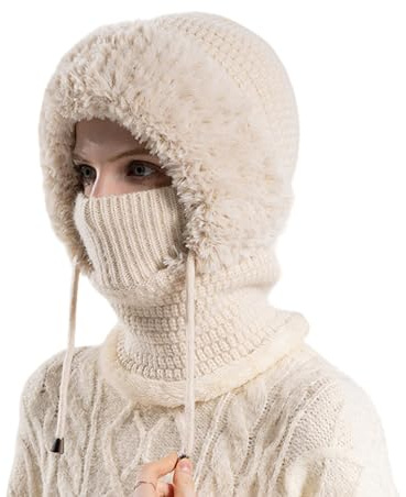 ANTUK 3 in 1 Beanie Hat for Women, Sherpa Hood Ski Mask, Fall Winter Warm Knitted Windproof Balaclava Scarf with Face Cover for Outdoor Skiing Hiking (Beige)