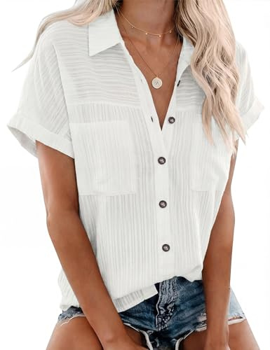 Rapbin Womens Cotton Short Sleeve Collared Button-Up Blouses with Pockets