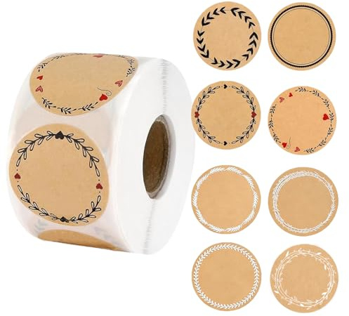 Reochps Wreath Sticker Roll 500pcs Kraft Paper Stickers for Labelling Jam Labels 38mm Self-Adhesive Round Stickers Handmade Gift Stickers for Jam Jar Bags Baking Bottles Envelopes