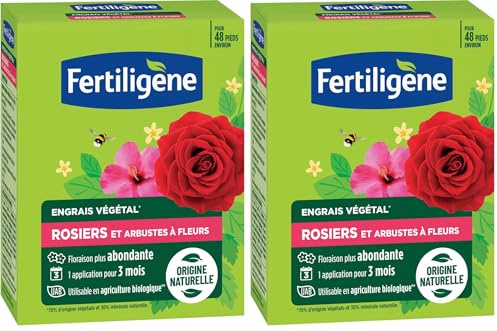 FERTILIGENE FEGROS12 - Engrais Végétal Rosiers et Arbustes à Fleurs 1,2 kg - Une floraison plus abondante - Seulement 1 application en 3 mois - Jusqu'à 48 pieds - Produit 100% naturel avec zéolite
