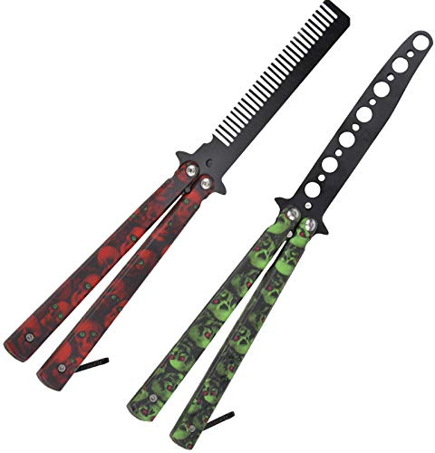 AIFUSI Practice Butterfly Knife Trainer, 2 Pack Steel Folding Comb, Unsharpened Blade, No offensive Bilsong for Beginners Training Outdoor Indoor Camping Tactical (Red & Green)