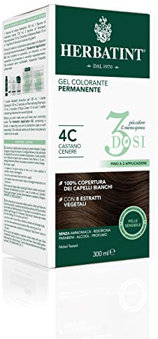 Herbatint Gel colorante permanente 3 dosis, 300 ml – 4C castaño ceniza, sin amoniaco, para pieles sensibles, cobertura 100% de cabellos blancos, con 8 extractos naturales biológicos