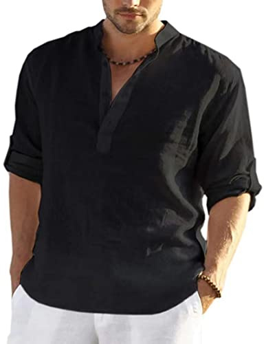 PADOLA Chemise Homme en Lin - Col Mao, Manches Longues, Uni Henley, Shirts de Plage Classique et Casual pour Été, Grande Taille, Décontractée