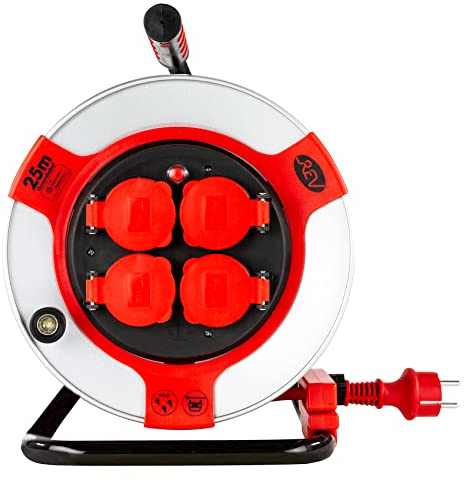 REV Kabeltrommel EX, 25m, H07RN, IP44, 3000W, mit Schleifkontakt, Außenbereich, 4 Schutzkontaktsteckdosen, rot