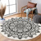 Carvapet Teppich Rund 120cm Weich und Flauschig Teppich Gegend Kreis rutschfest Waschbar Böhmisches Mandala Bodenteppich Wohnzimmer Schlafzimmer(Schwarz Mandala)