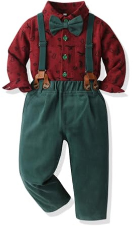 Acuryx Completini e Coordinati Gentiluomo Set per Bambino Ragazzo Completo Bretelle Fiocco Tuta Camicia Maniche Lunghe Pantaloni Cerimonia Battesimo