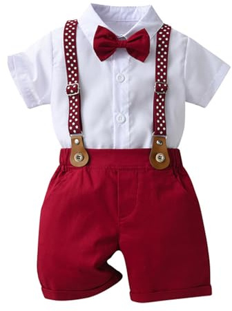 Carolilly Ensemble Costume Gentleman Eté pour Bébé Garçon, Chemisier à Manches Courtes avec Noeud + Shorts à Bretelles, Bordeaux, 4-5 Ans