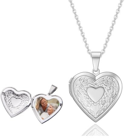 TJUSPIRIT Vintage Herz-Medaillon Foto Herzkette Damen Edelstahl Photo Bild Amulett Anhänger Medaillon zum Öffnen Halskette Charms Schmuck Geschenk für Damen Mädchen Mutter Tochter Freundin(Silber)
