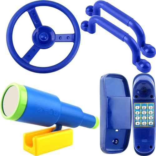 5 Pack Kids Playground Accessories Swingset Safety Handles Playhouse Steering Wheel Plastic Telescope Telephone Toy (Color Set 2)